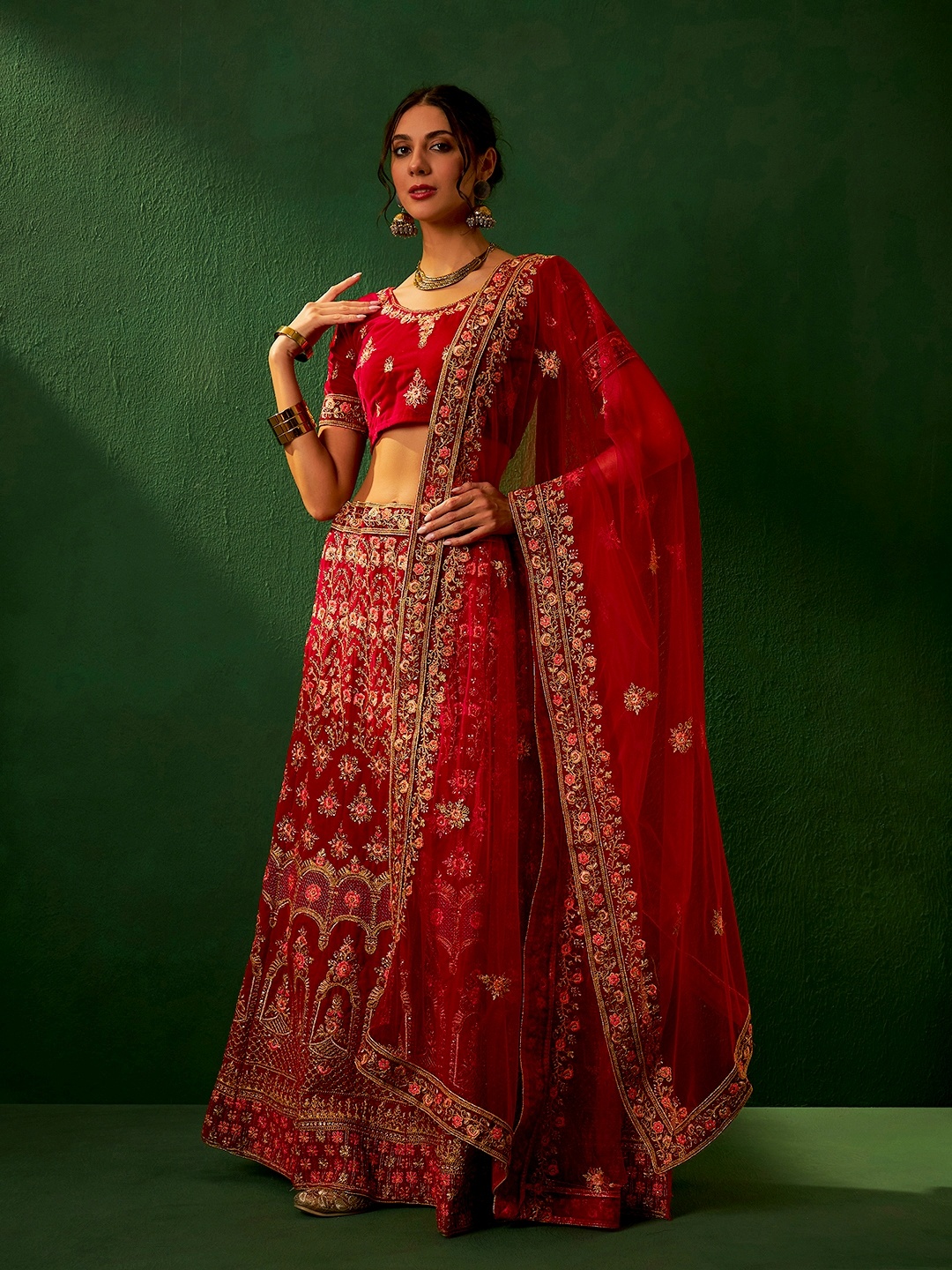 

DEVATITHI Embroidered Thread Work Velvet Semi-Stitched Lehenga & Blouse With Dupatta, Red