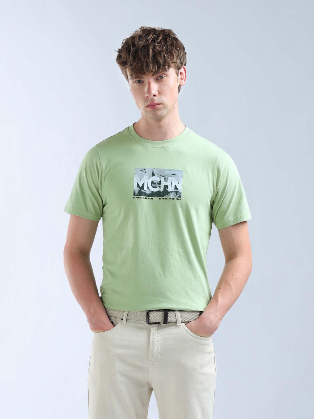 

Flying Machine Seasonal Graphic Graphic Printed Round Neck Cotton T-shirt, Green