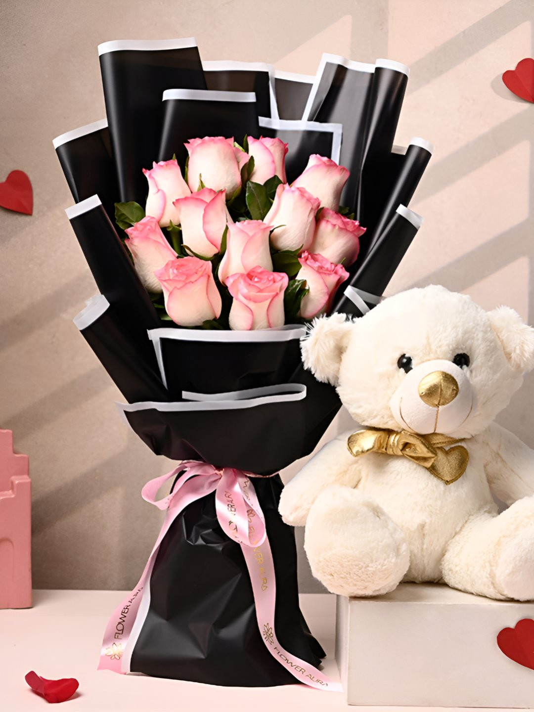 

Floweraura Pink Love Bouquet Of Fresh Live 12 Pink Roses With Cute Teddy