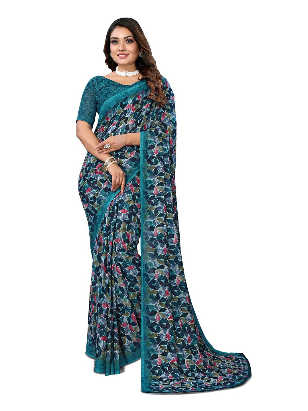 

Moda Rapido Geometric Printed Saree with Blouse Piece, Blue