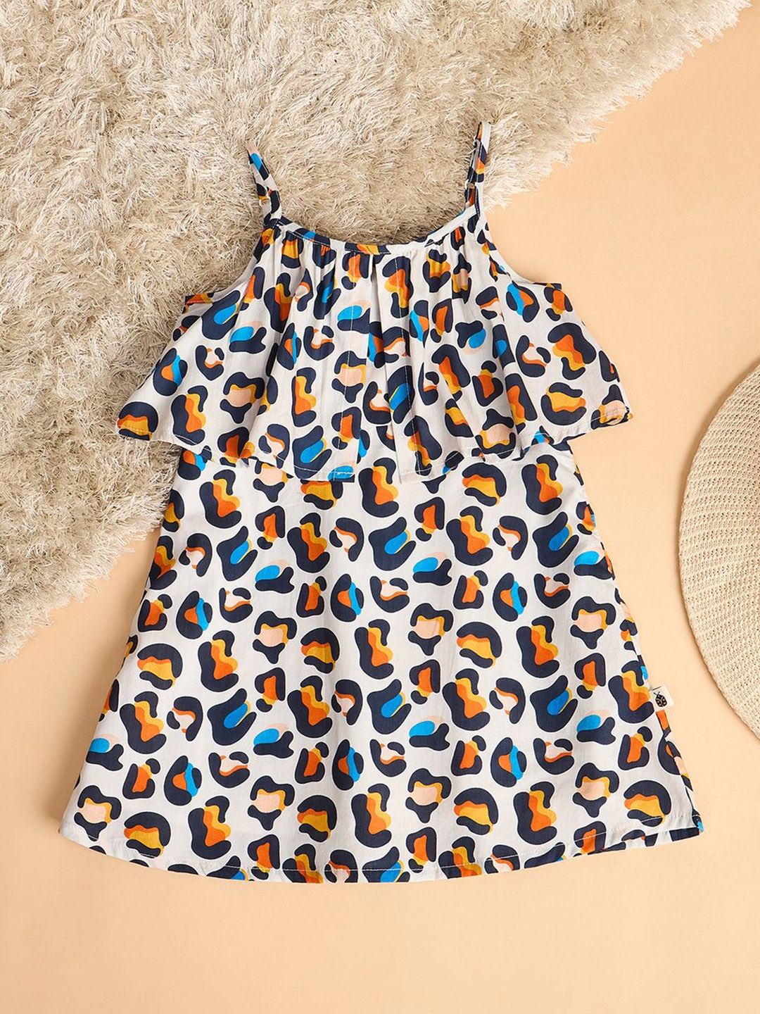 

Stylo Bug Girls Abstract Printed Shoulder Straps Ruffles Cotton A-Line Dress, Off white