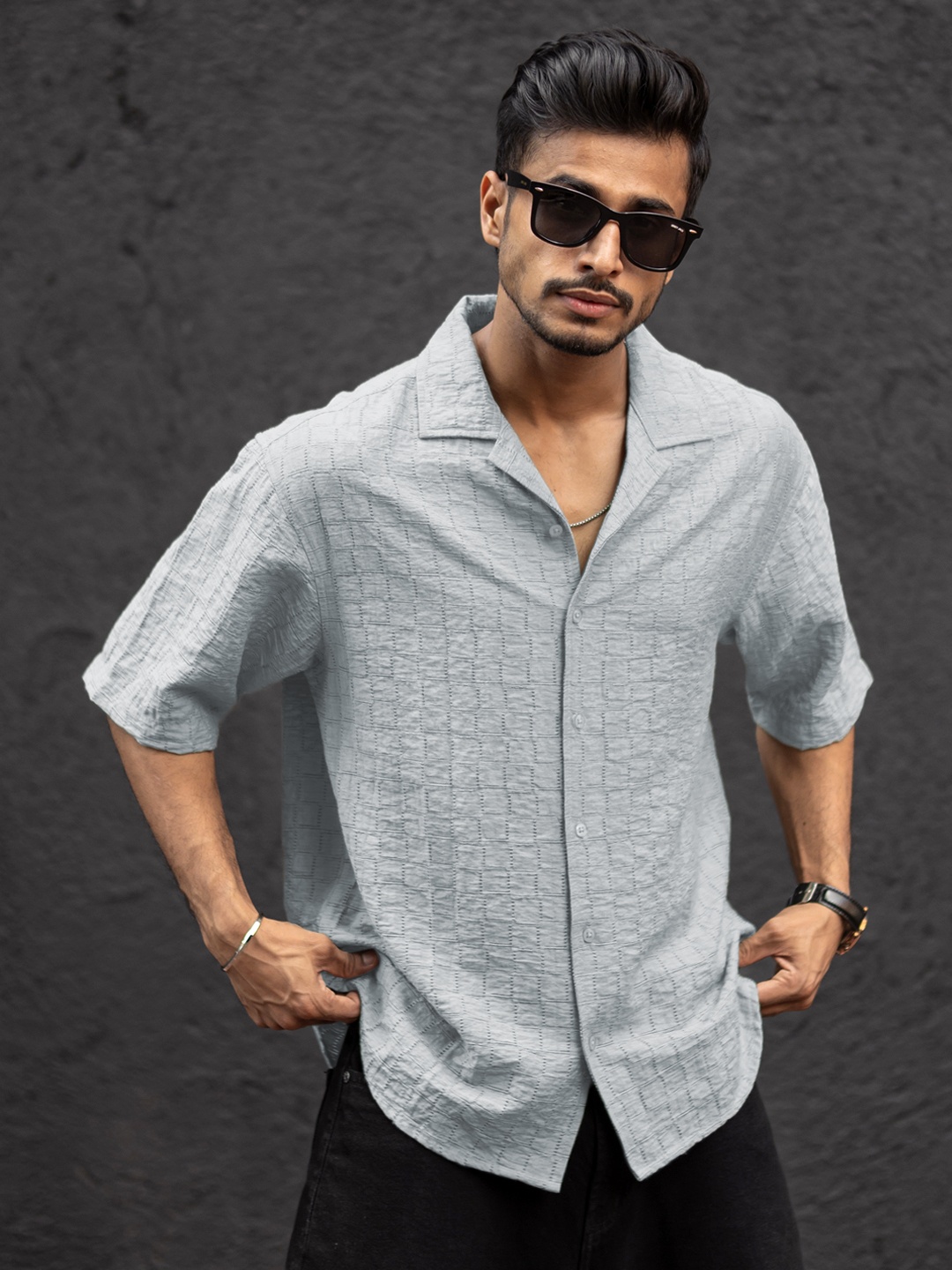 

Powerlook Men Oversized Fit Cuban Collar Textured Cotton Casual Shirt, Blue