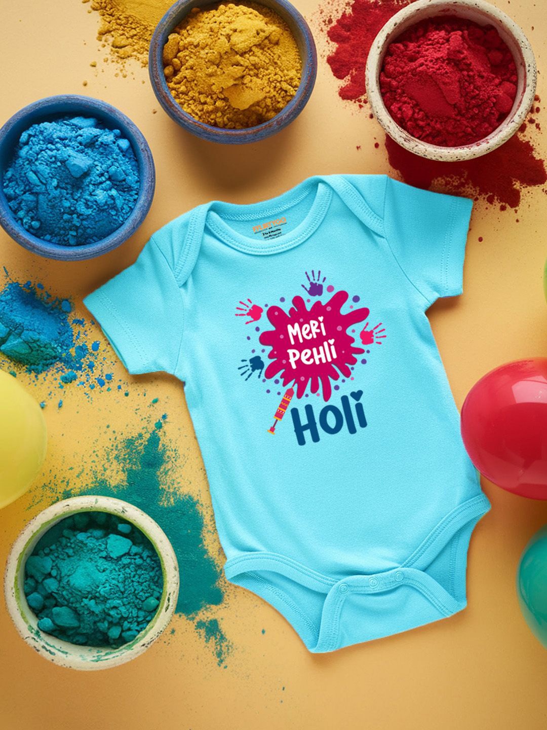 

FFLIRTYGO Infants Holi Printed Cotton Bodysuit, Turquoise blue