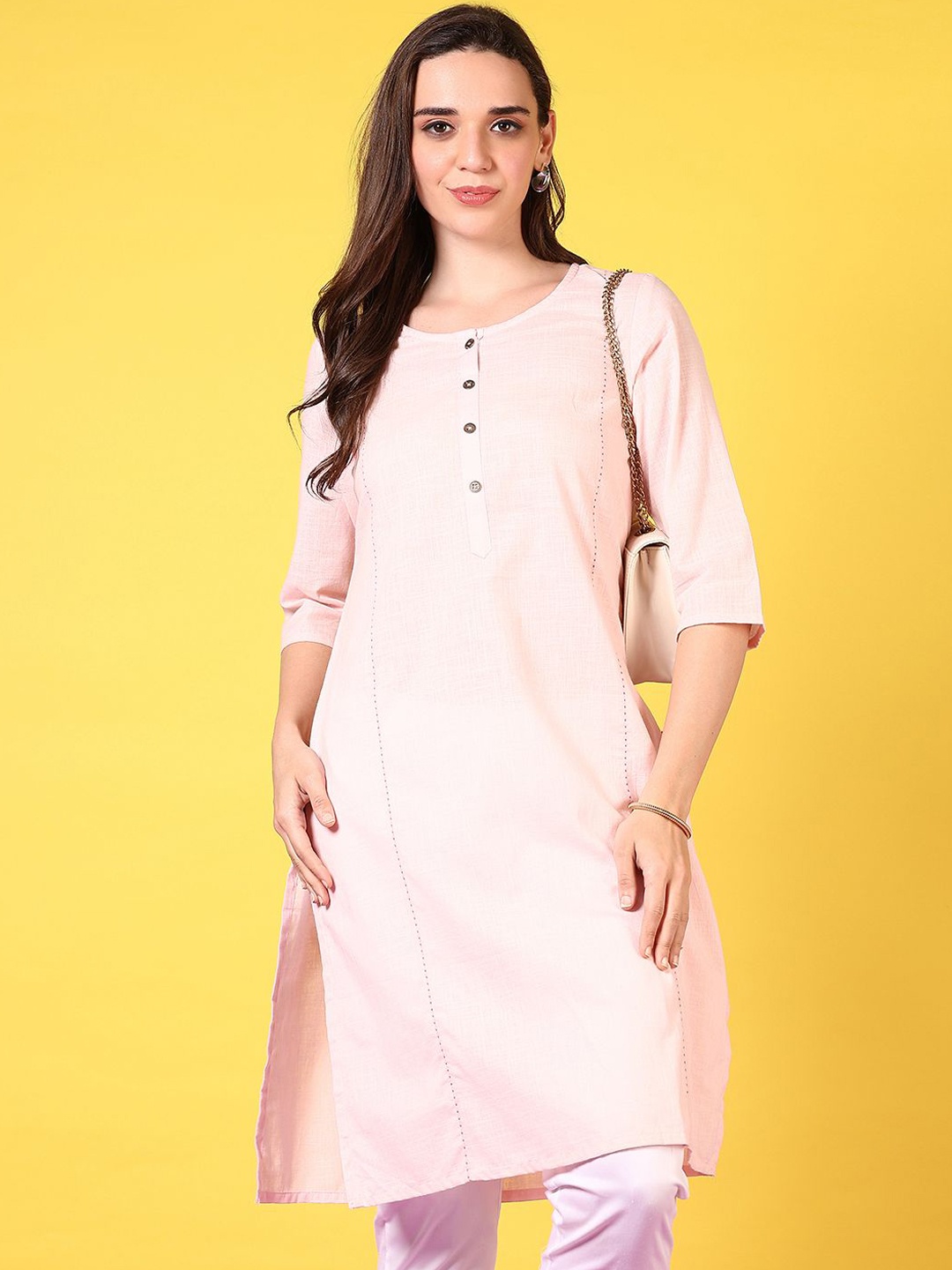 

V-Mart Round Neck Cotton Straight Kurta, Peach