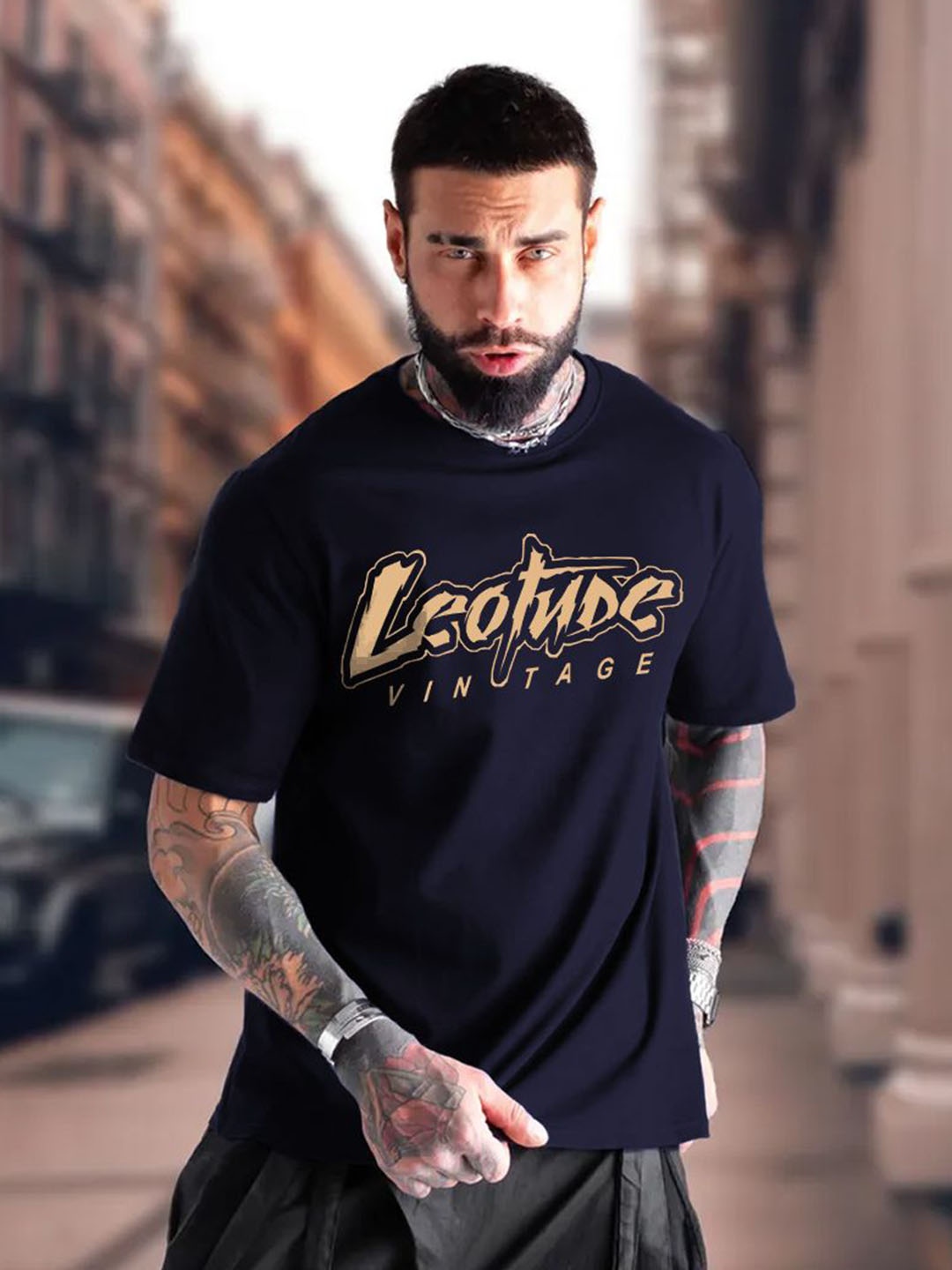 

Leotude Men Typography Printed Round Neck Cotton T-shirt, Navy blue