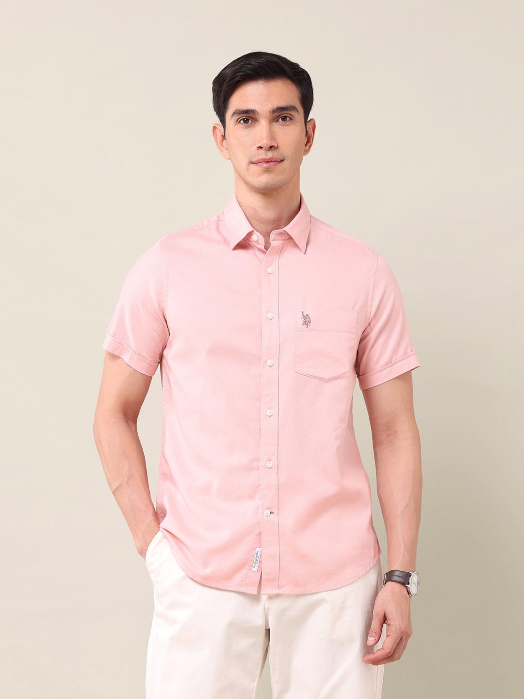 

U.S. Polo Assn. Men Classic Slim Fit Spread Collar Solid Cotton Casual Shirt, Pink