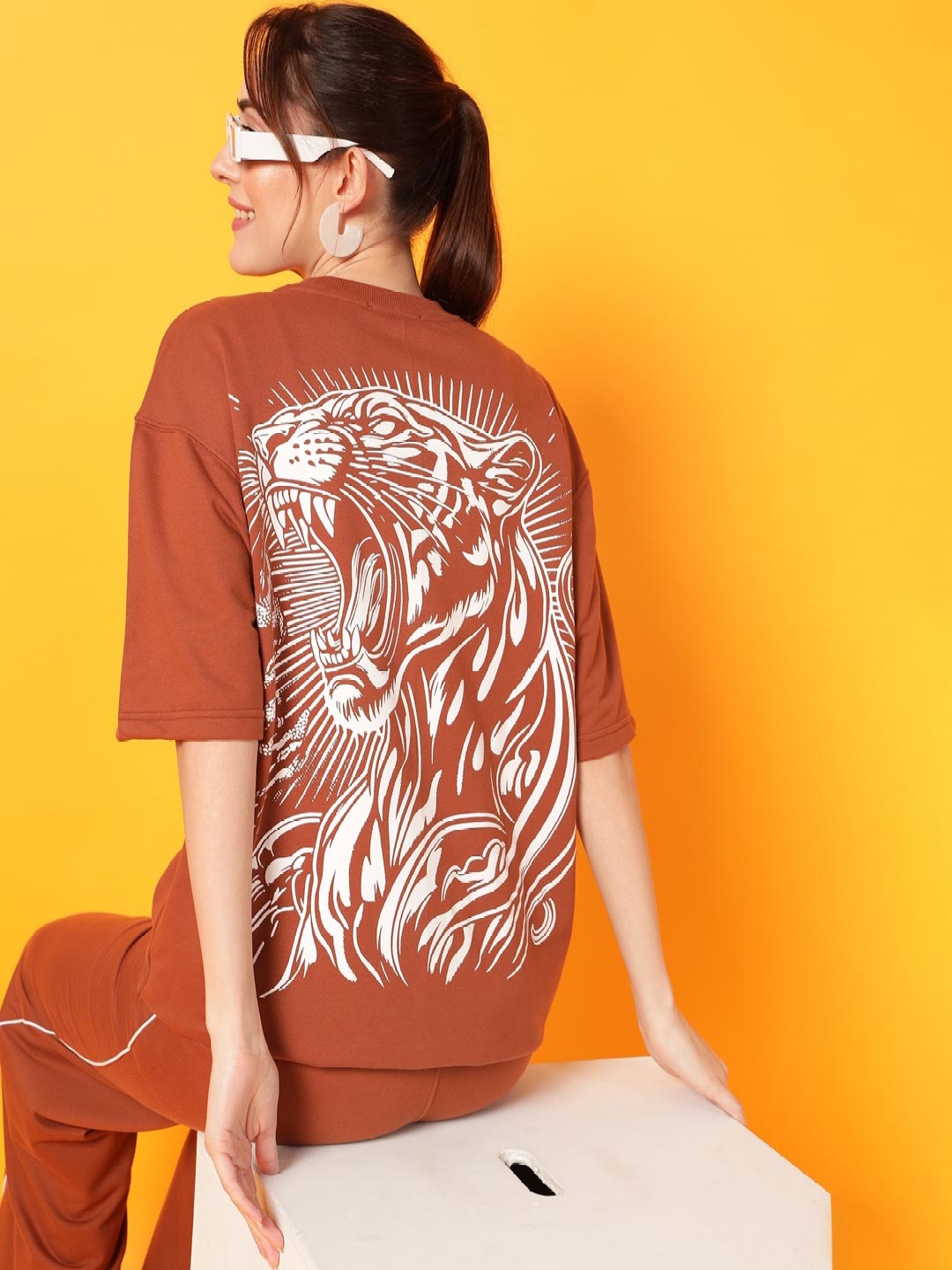 

Dogman Women Abzorb Typography Printed Round Neck Cotton Oversized T-shirt, Brown