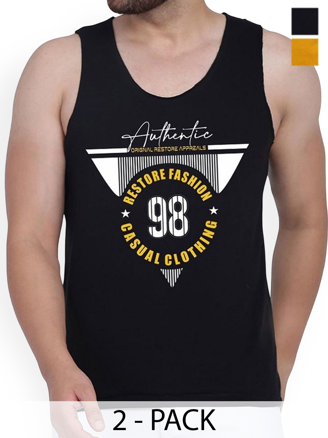 

WOOSTRO Pack Of 2 Printed Cotton Gym Vests RS26 CMB (MORE MUSTARD) (98 BLACK)