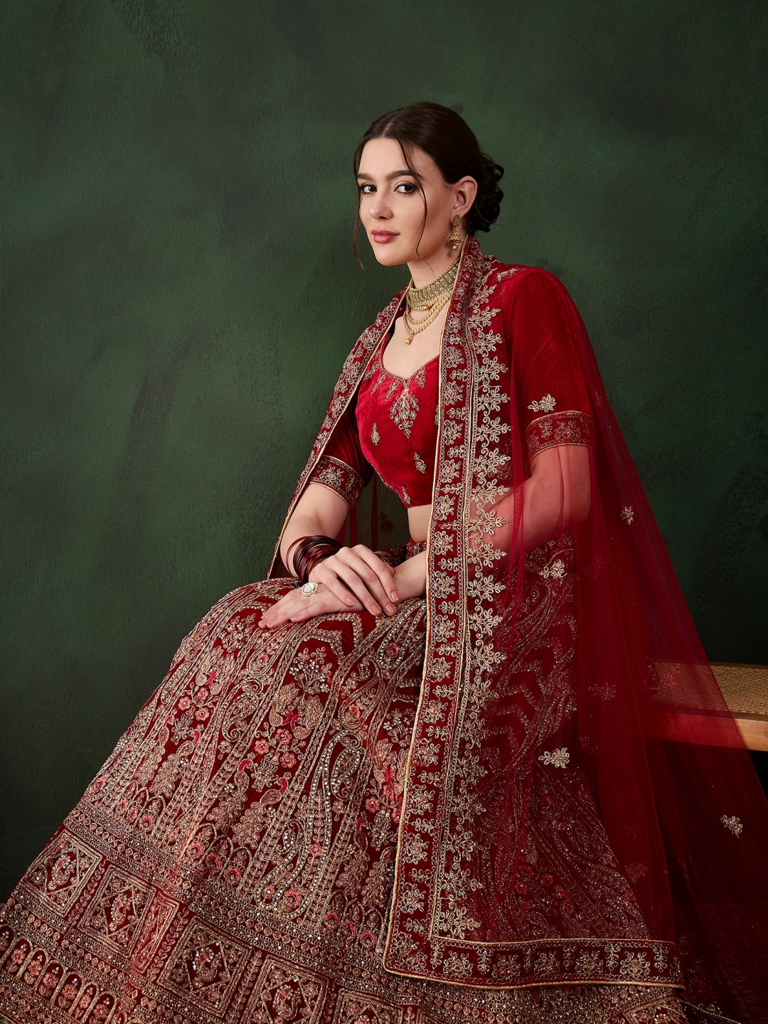 

DEVATITHI Embroidered Thread Work Velvet Semi-Stitched Lehenga & Blouse With Dupatta, Maroon