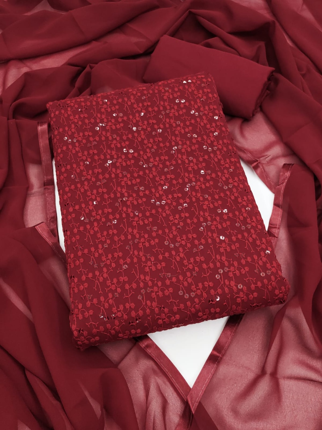 

SWARNGANGA TEX Floral Embroidered Unstitched Dress Material, Maroon