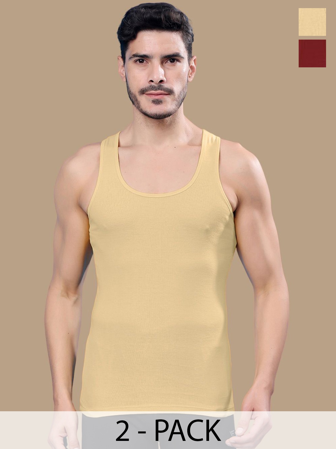 

Friskers Men Pack Of 2 Ribbed Cotton Gym Vests, Beige