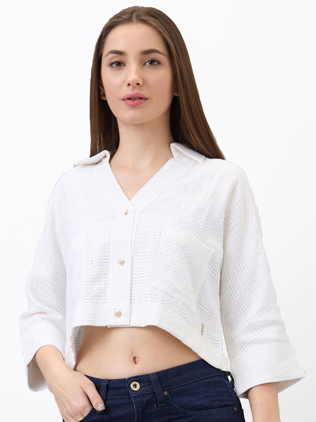 

SPYKAR Women Boxy Fit Spread Collar Textured Casual Shirt, White