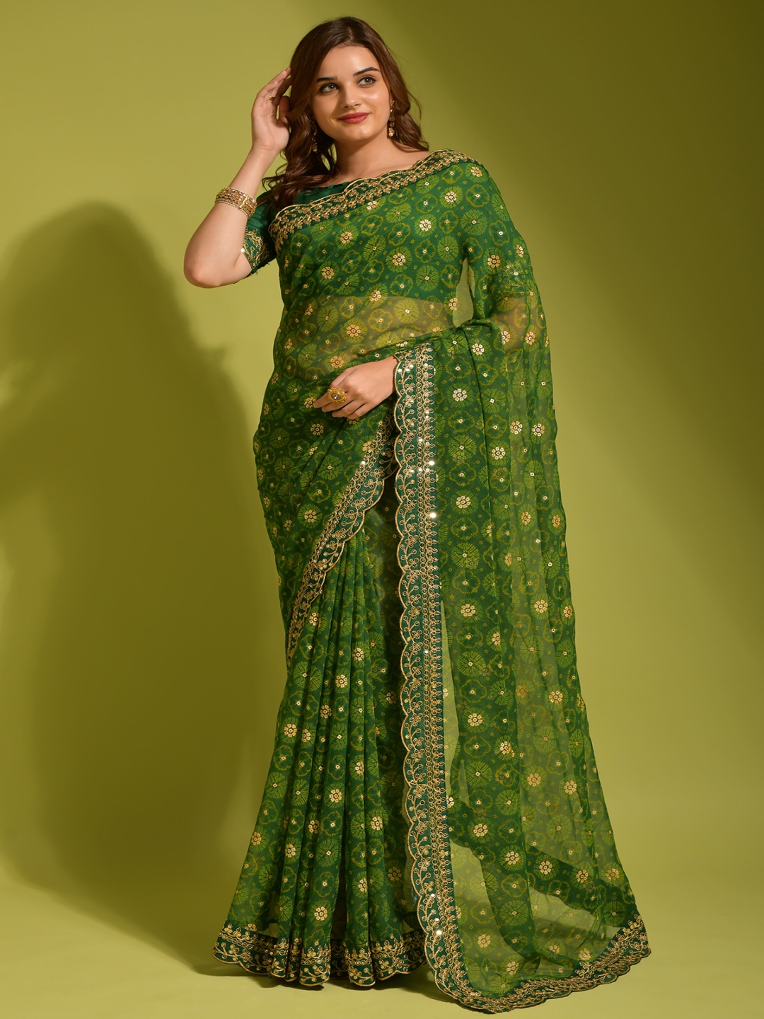 

Moda Rapido Embellished Sequinned Poly Georgette Bandhani Saree, Green