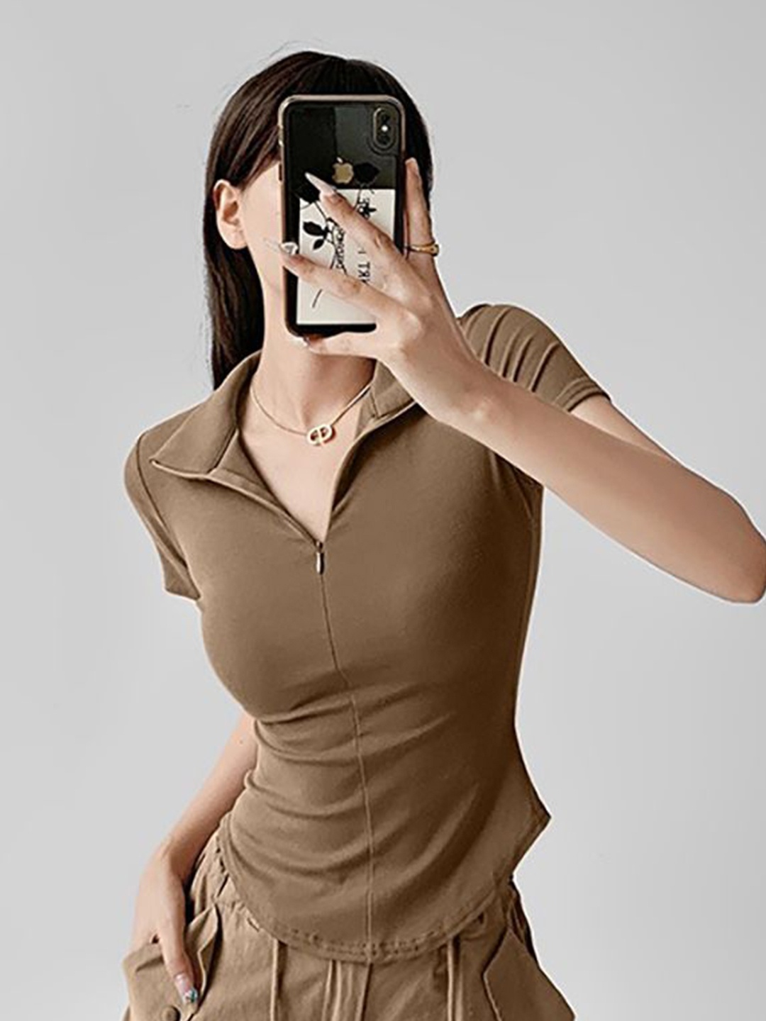 

StyleCast x Revolte Women Shirt Collar Crop Top, Khaki