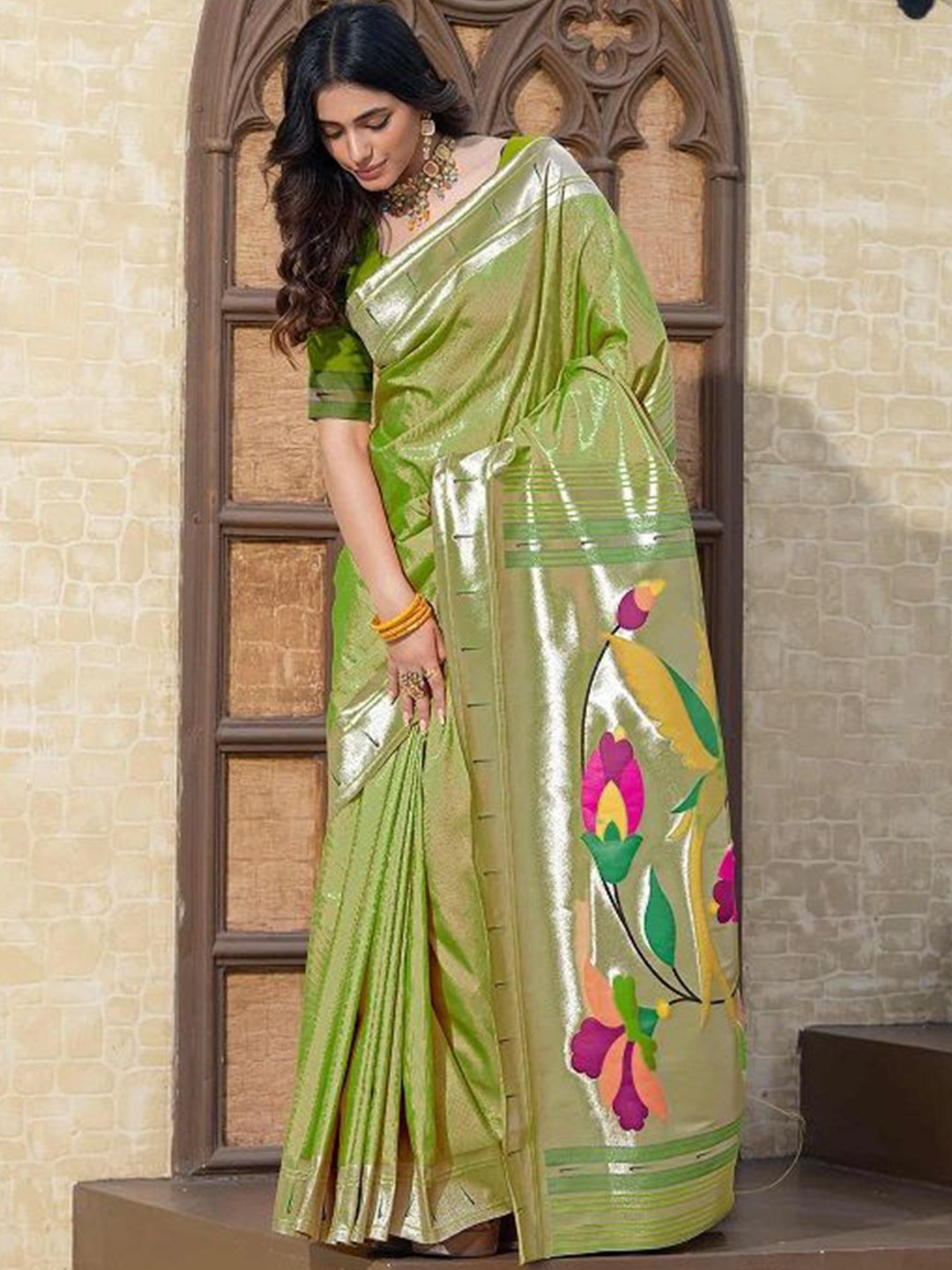 

saretramall Woven Design Zari Paithani Saree, Lime green