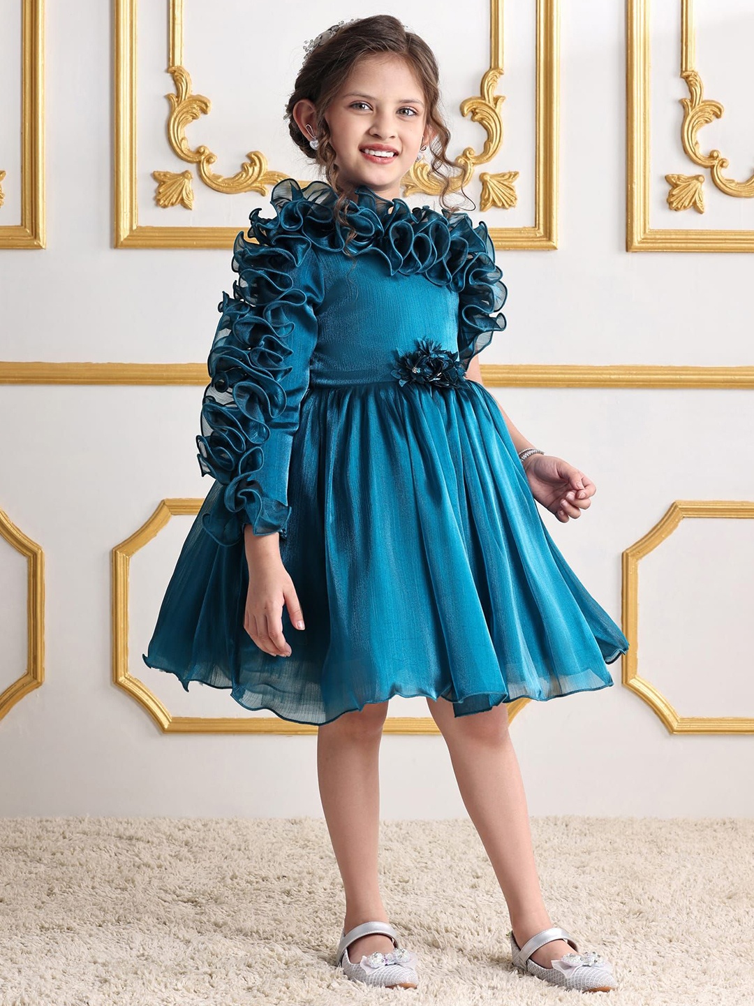 

Mark & Mia Girls Floral Applique & Frill Detailing Fit & Flare Dress, Teal