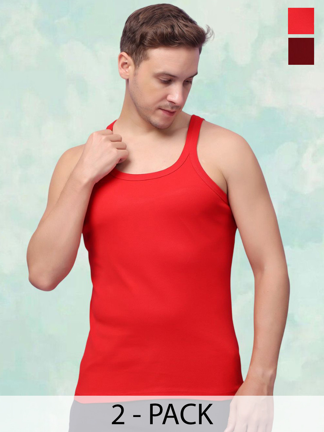 

FBAR Men Pack Of 2 Round Neck Gym Vest, Red