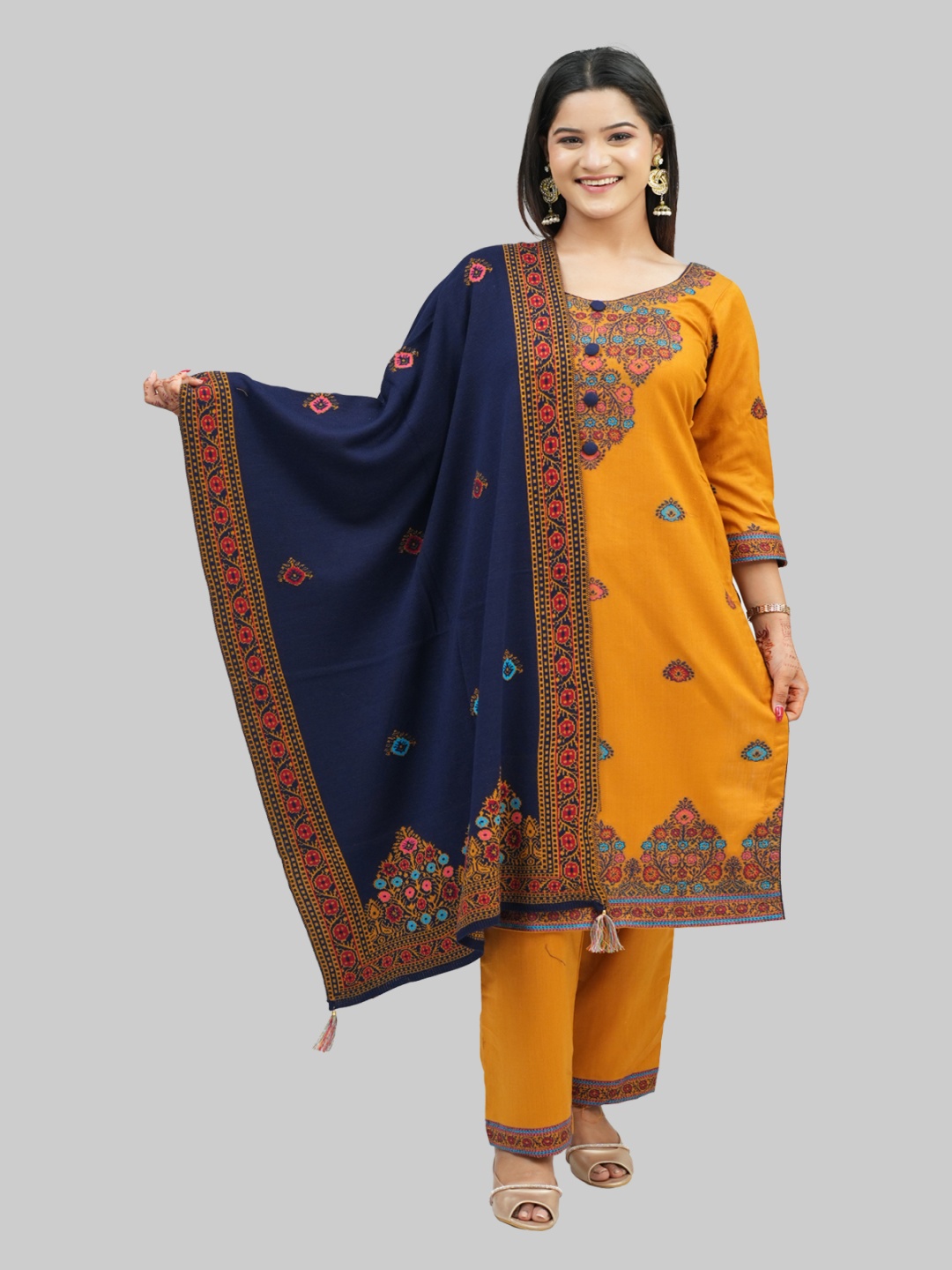 

Tones-N-Shades Floral Woven Design Velvet Unstitched Dress Material, Mustard