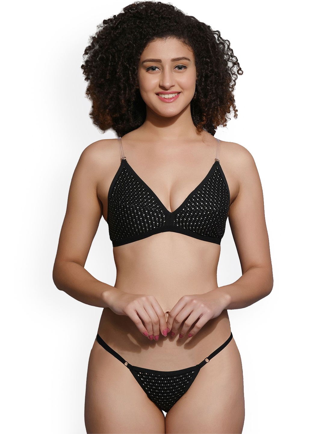 

chia fashions Women Polka Dot Printed Lingerie Set, Black