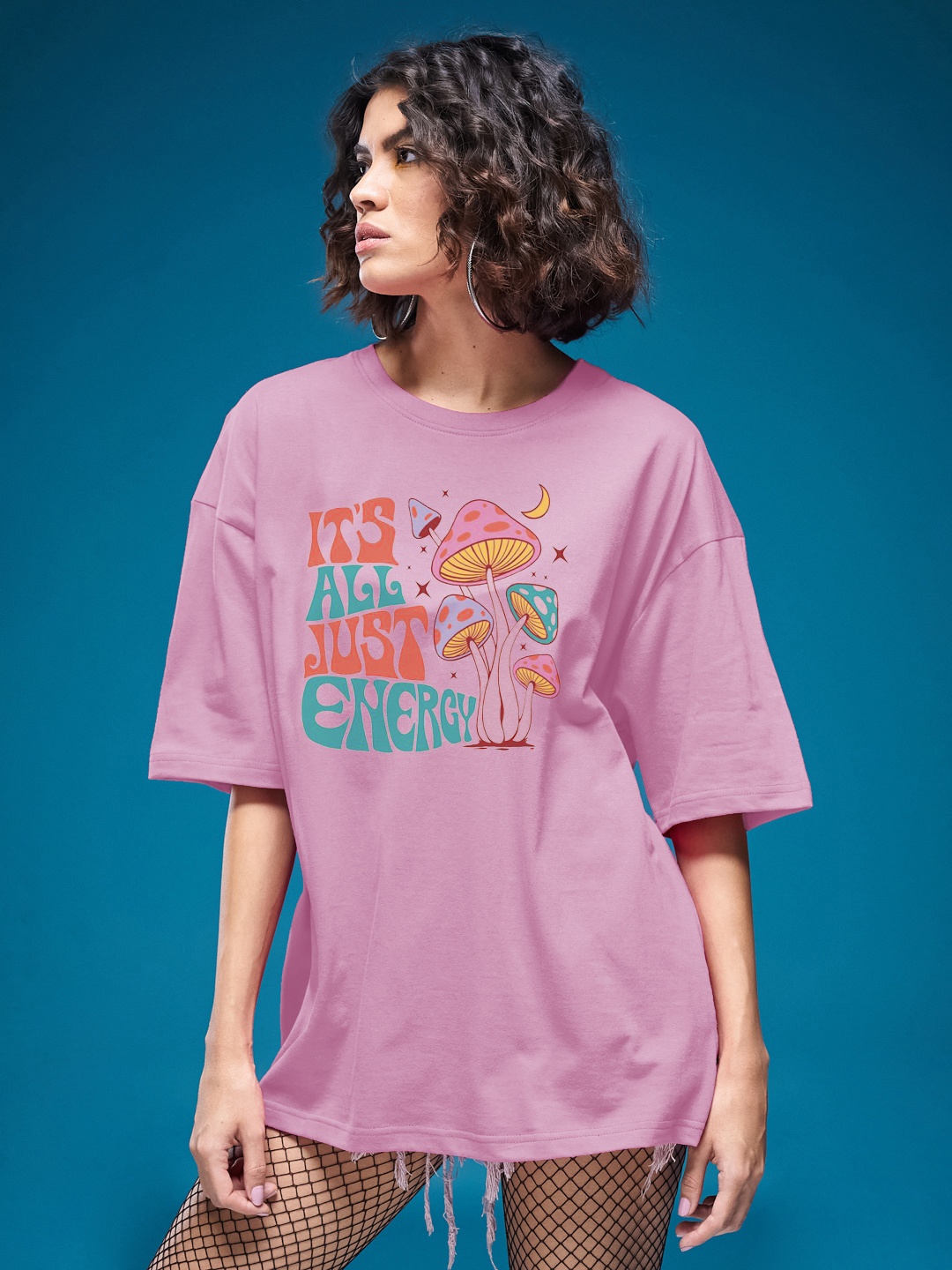 

SMARTEES Women Graphic Printed Round Neck Cotton Oversized T-shirt, Pink