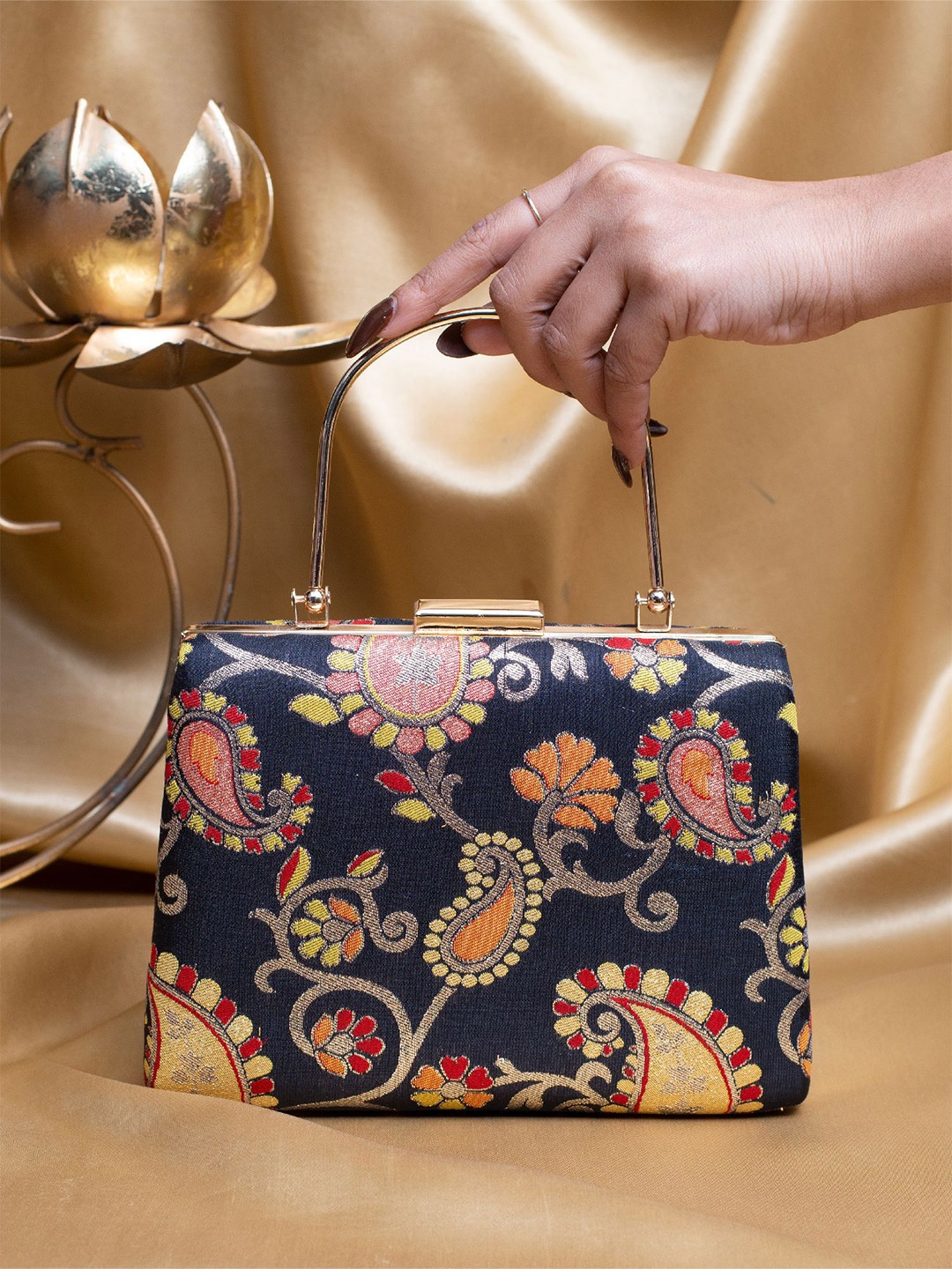 

ARTKLIM Floral Embroidered Brocade Box Clutch, Blue