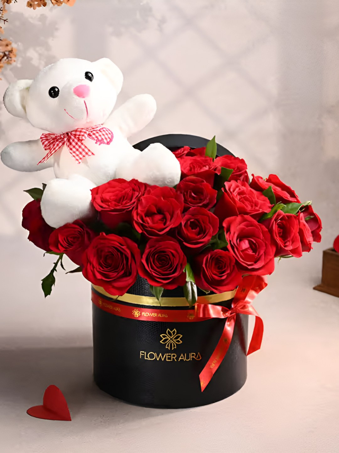 

Floweraura 25-Pcs Fresh Rose Flowers & Cute Teddy, Red