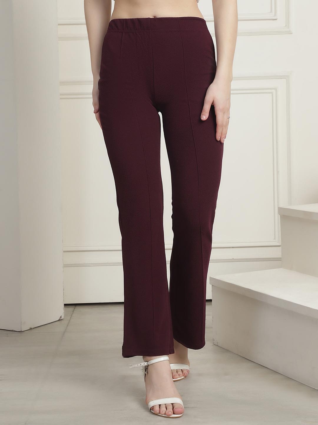 

SZN Women Solid Slim Fit High-Rise Trousers, Burgundy
