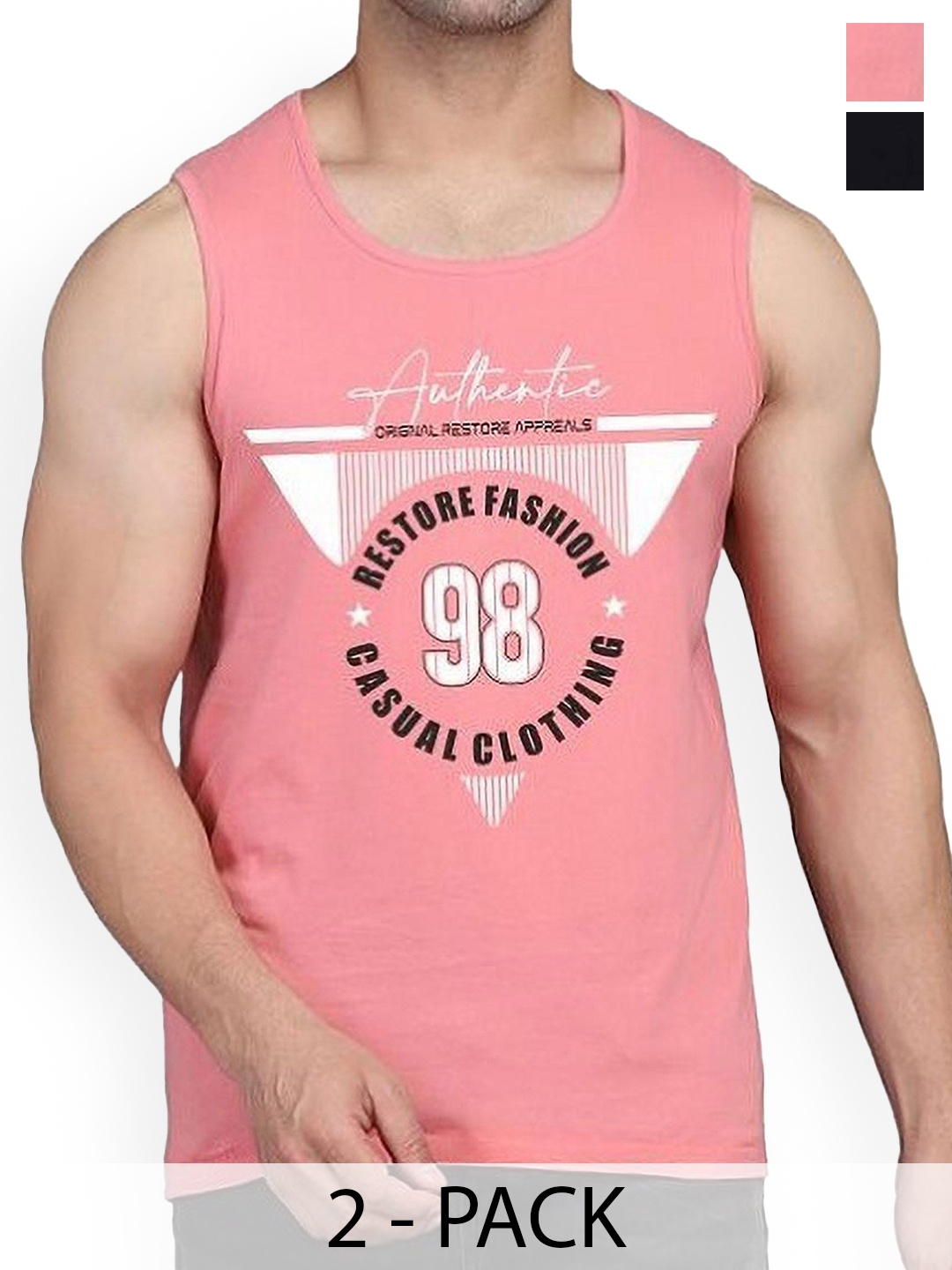 

WOOSTRO Men Pack Of 2 Printed Cotton Innerwear Gym Vests, Pink