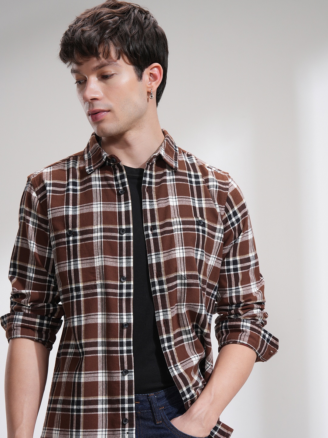 

HIGHLANDER Men Flannel Textured Checked Casual Shirt, Olive
