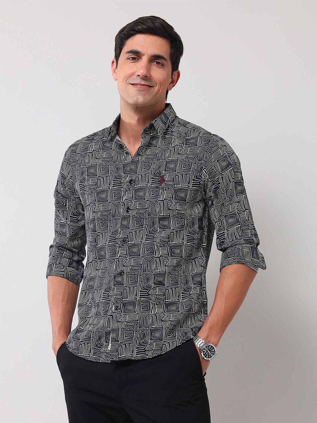 

U.S. Polo Assn. Denim Co. Men Classic Fit Abstract Printed Cotton Casual Shirt, Black