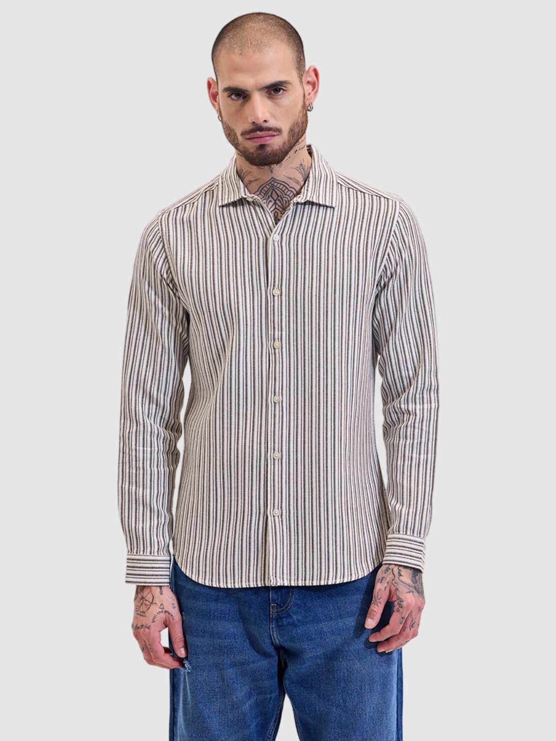 

Snitch Men Smart Slim Fit Spread Collar Vertical Striped Cotton Casual Shirt, Beige