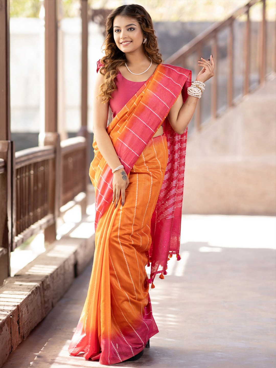 

Prasam Striped Embroidered Saree, Orange