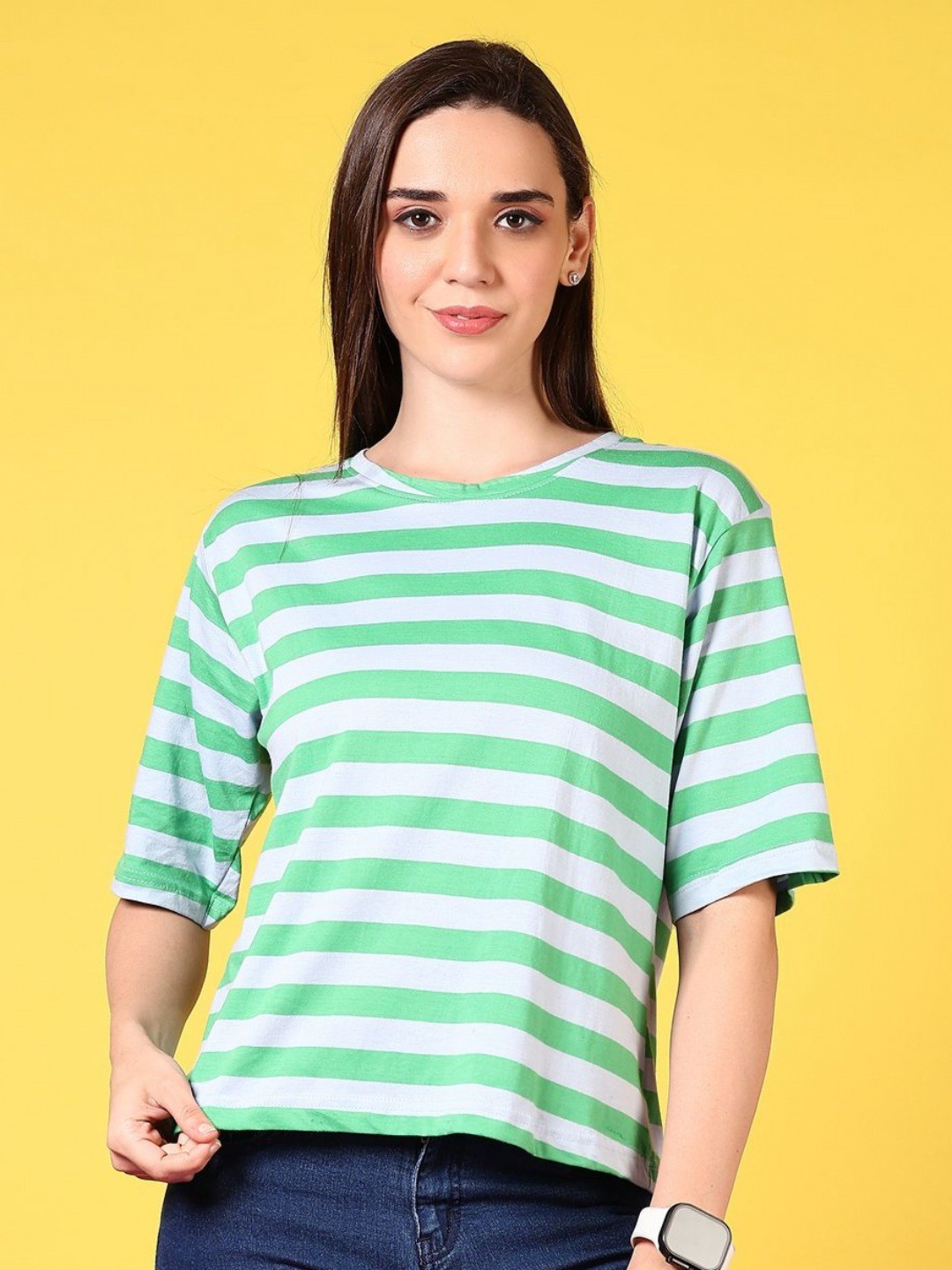 

V-Mart Women Striped Round Neck Cotton Relaxed Fit T-shirt, Green