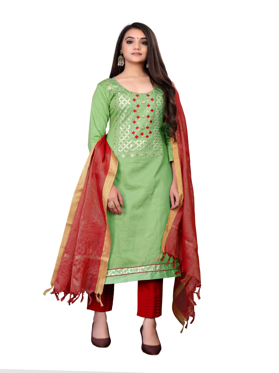 

HERE&NOW Embellished Unstitched Dress Material, Green