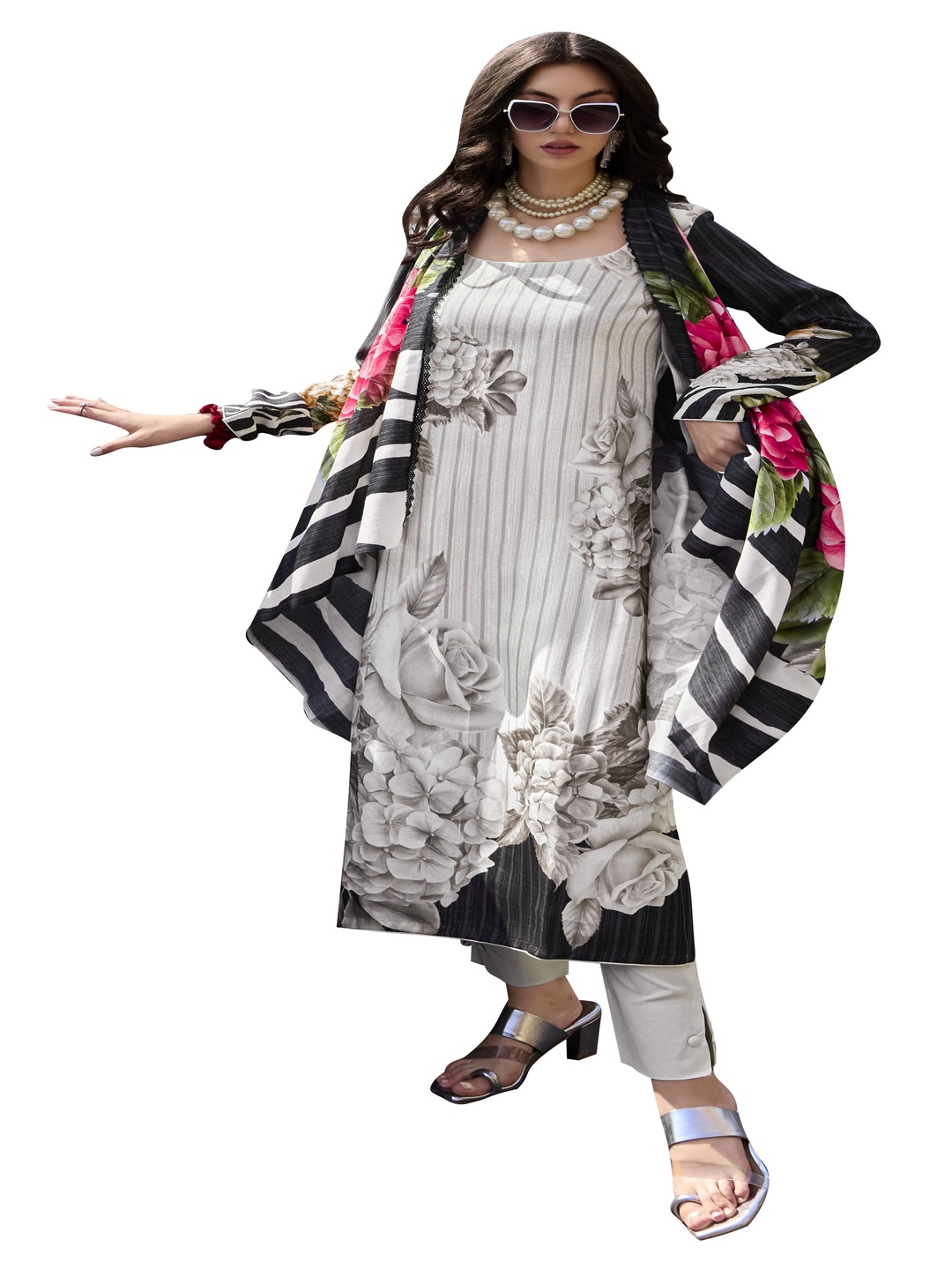 

DRAVINAM Trends Floral Printed Unstitched Dress Material, White