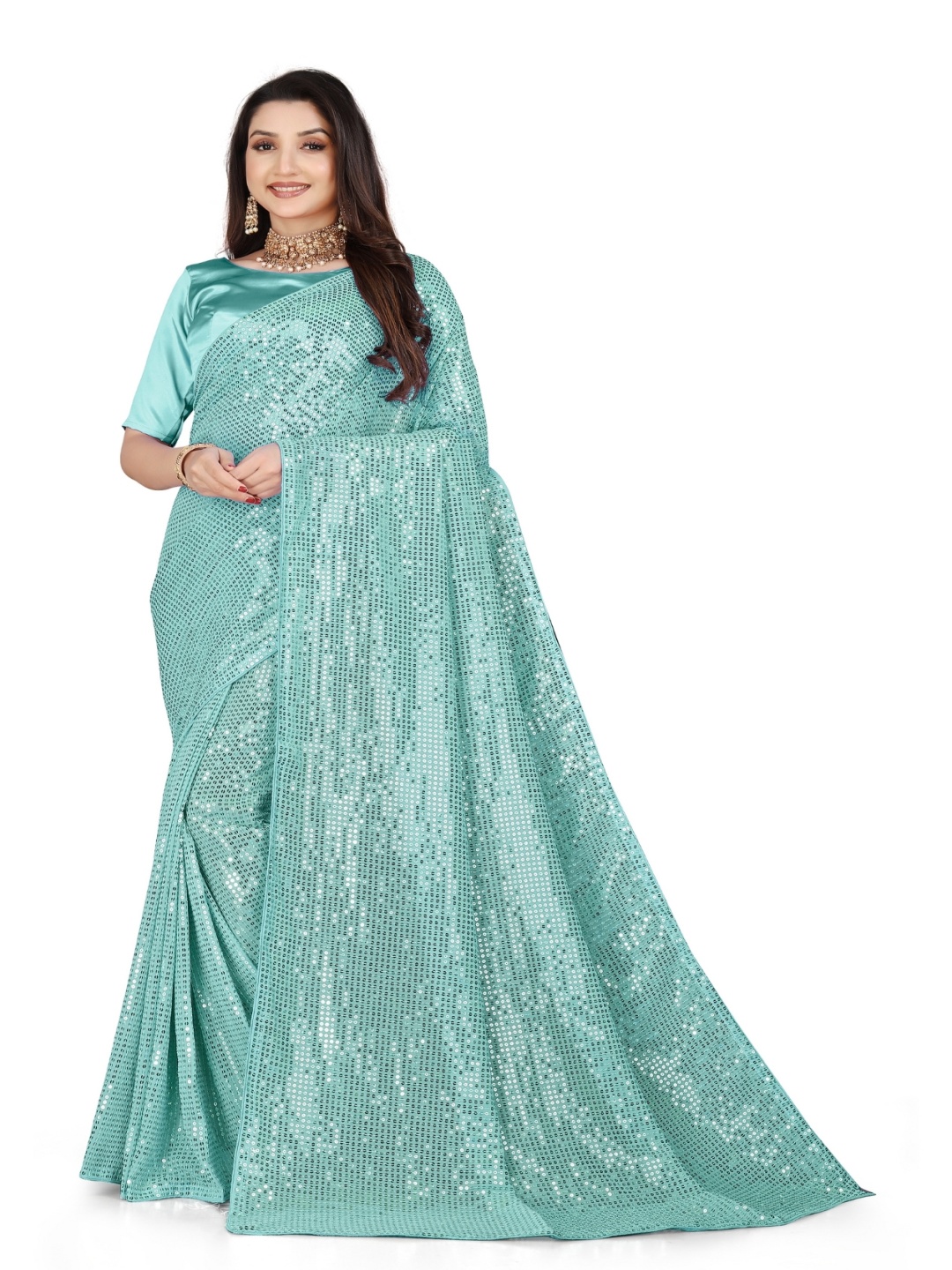 

Moda Rapido Embellished Sequinned Pure Georgette Saree, Turquoise blue
