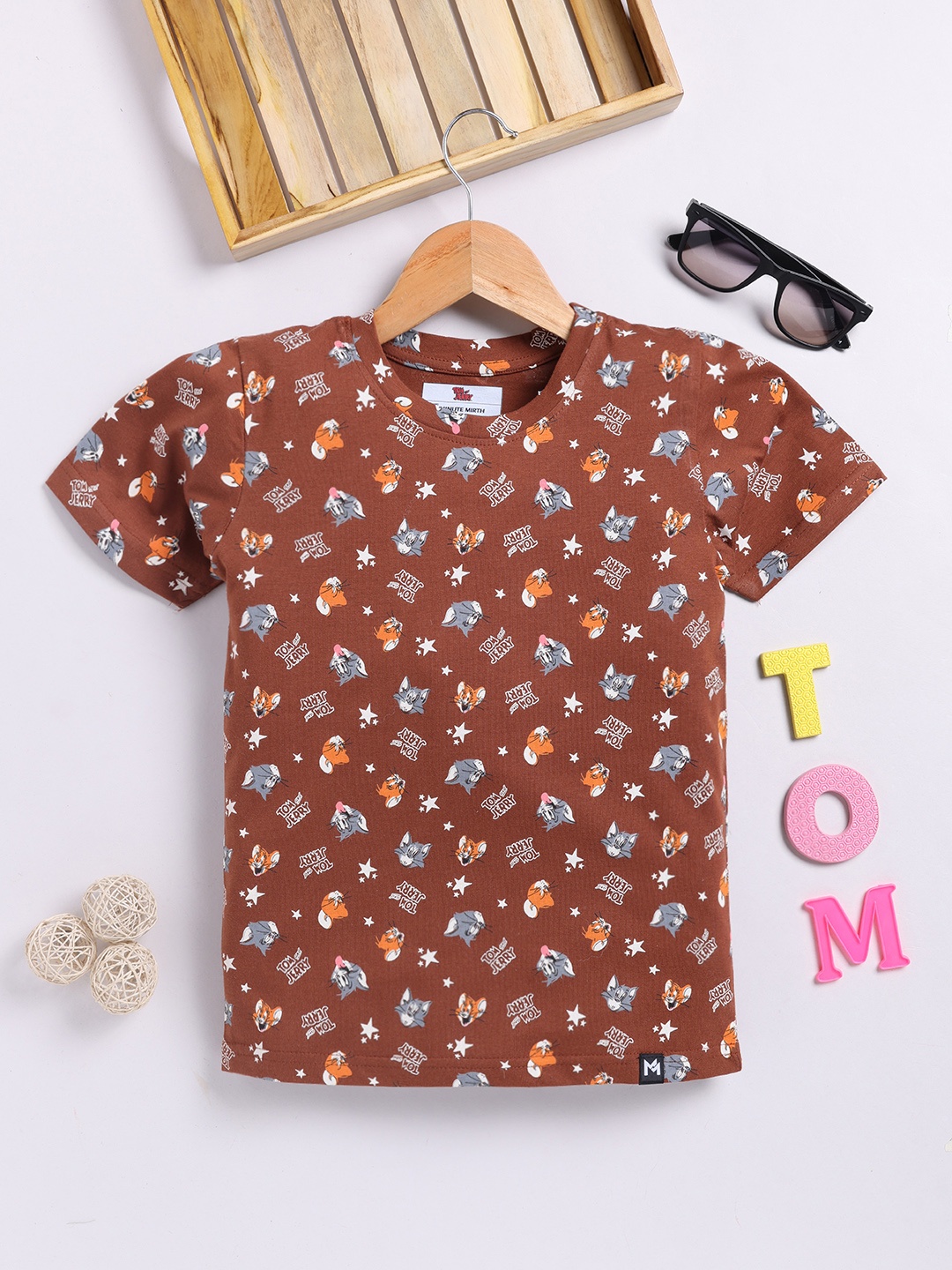 

YK X Minute Mirth Boys Tom & Jerry Graphic Printed Pure Cotton T-shirt, Brown