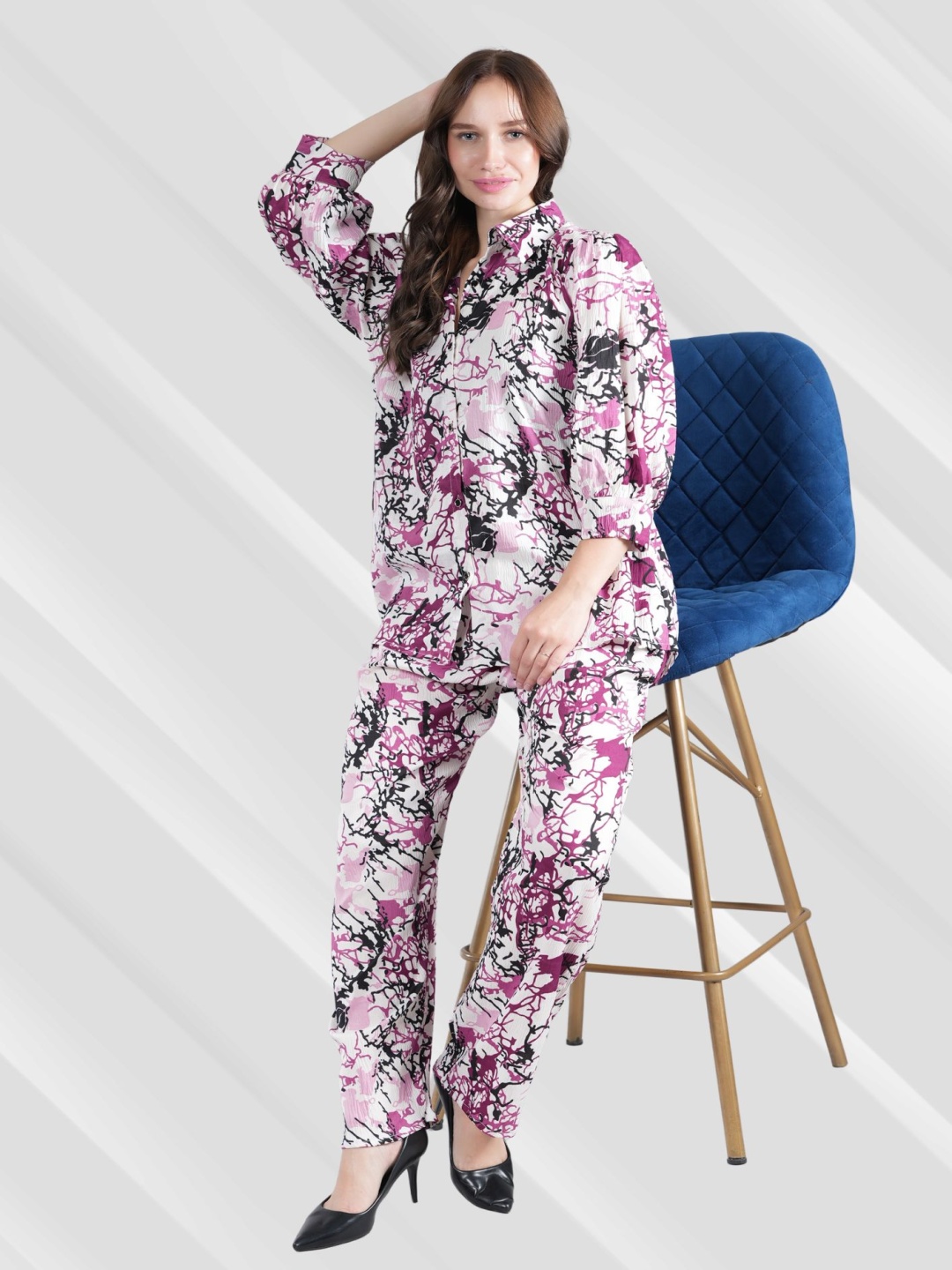 

NEYSA Abstract Printed Shirt Collar Shirt With Trouser, Pink