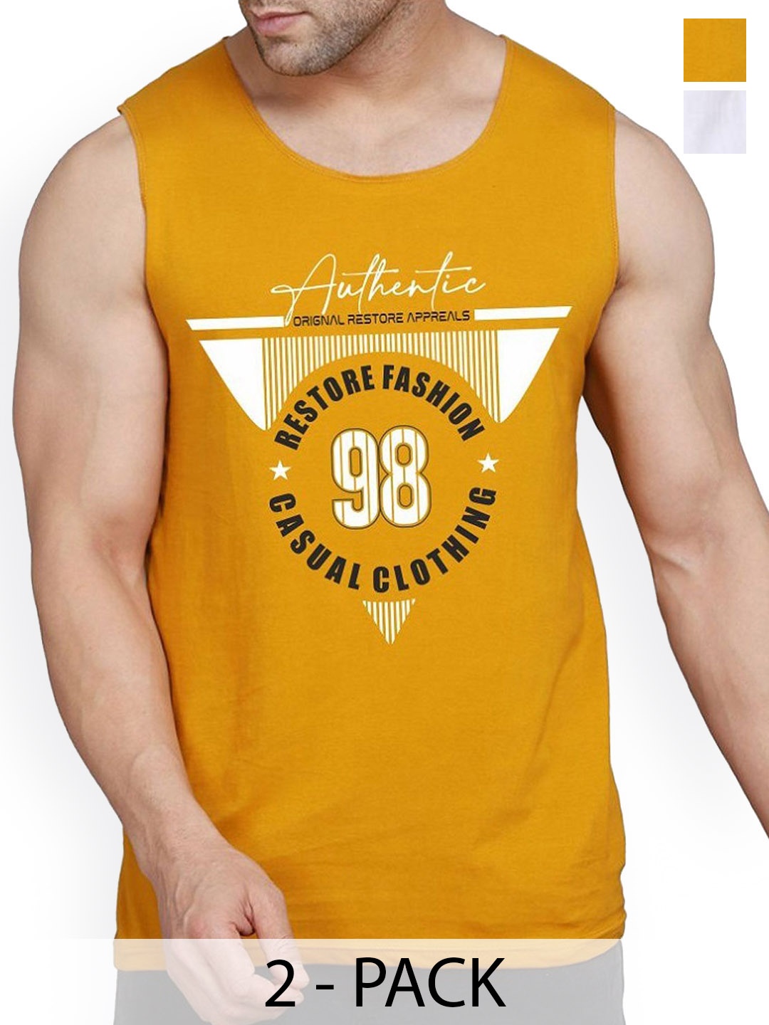 

WOOSTRO Men Pack Of 2 Printed Combed Cotton Gym Vest, Mustard