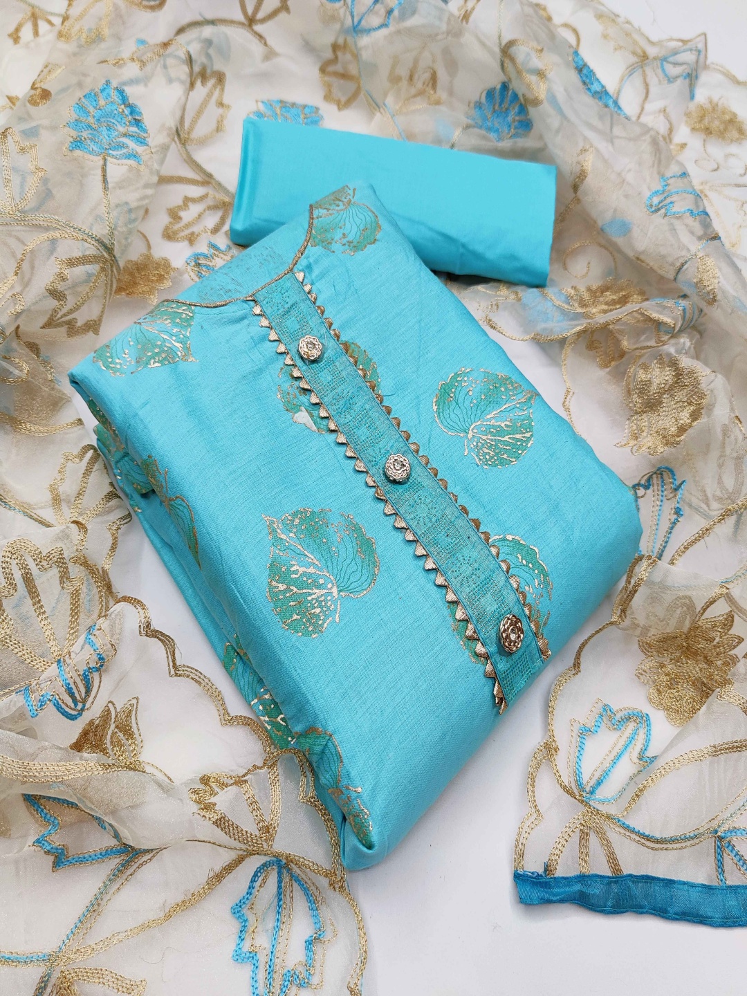 

HERE&NOW Embellished Unstitched Dress Material, Turquoise blue