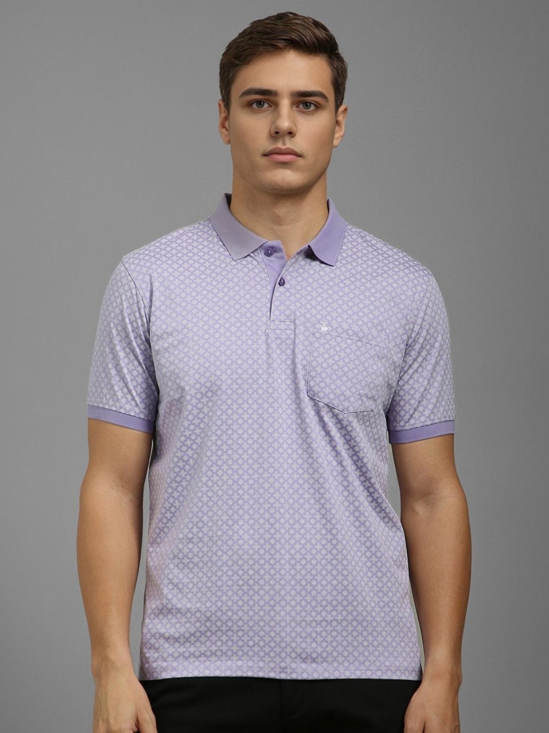 

Louis Philippe Men Floral Printed Polo Collar Cotton T-shirt, Purple
