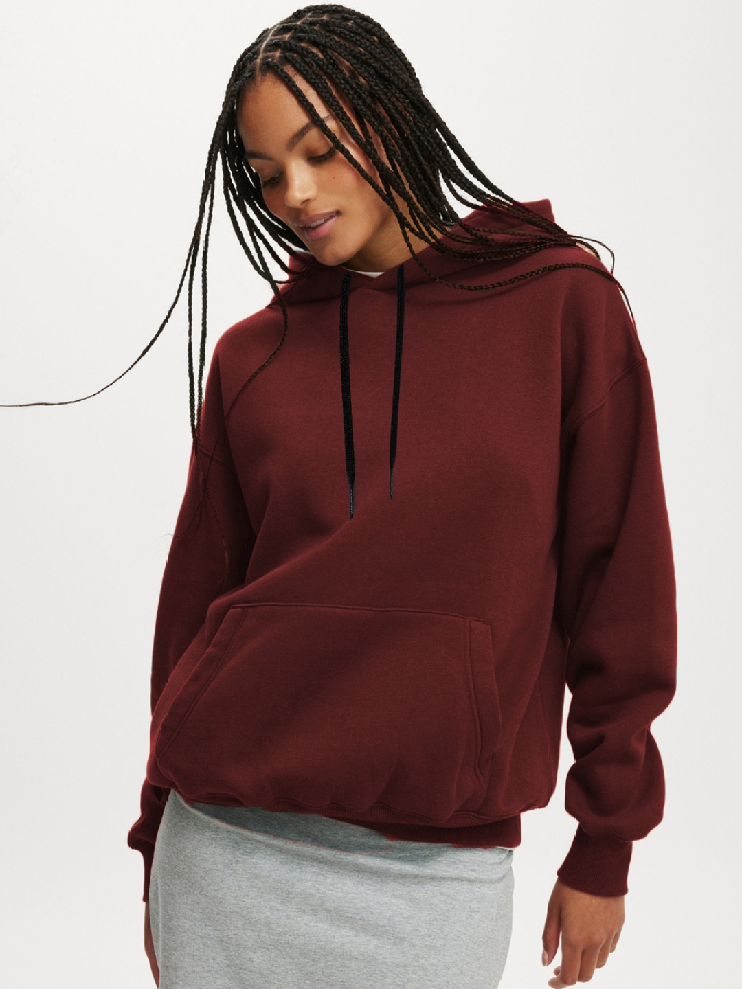 

CLAFOUTIS Women Solid Hooded Oversized Sweatshirt, Maroon