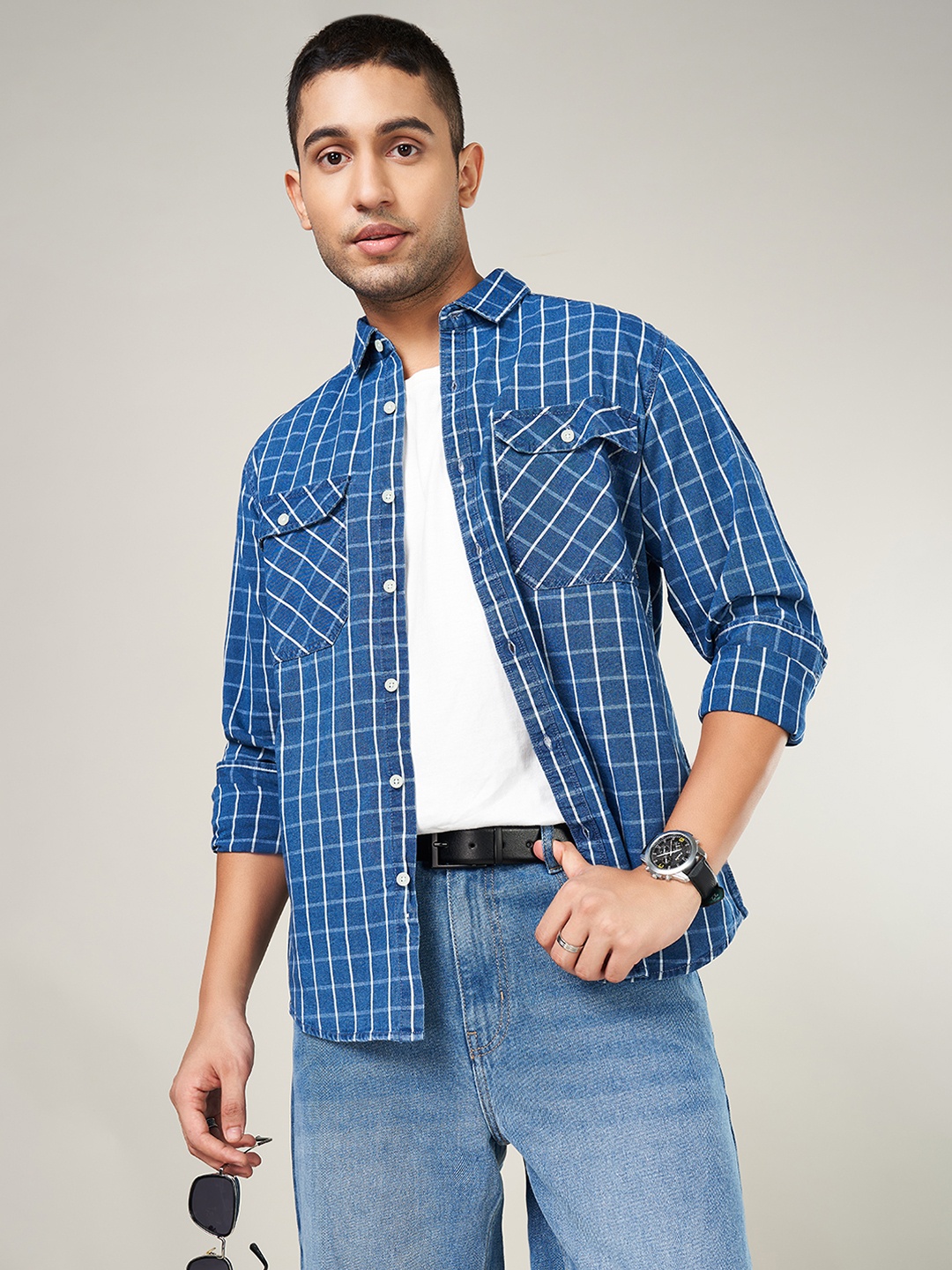 

SF JEANS by Pantaloons Men Spread Collar Grid Tattersall Checked Cotton Casual Shirt, Navy blue