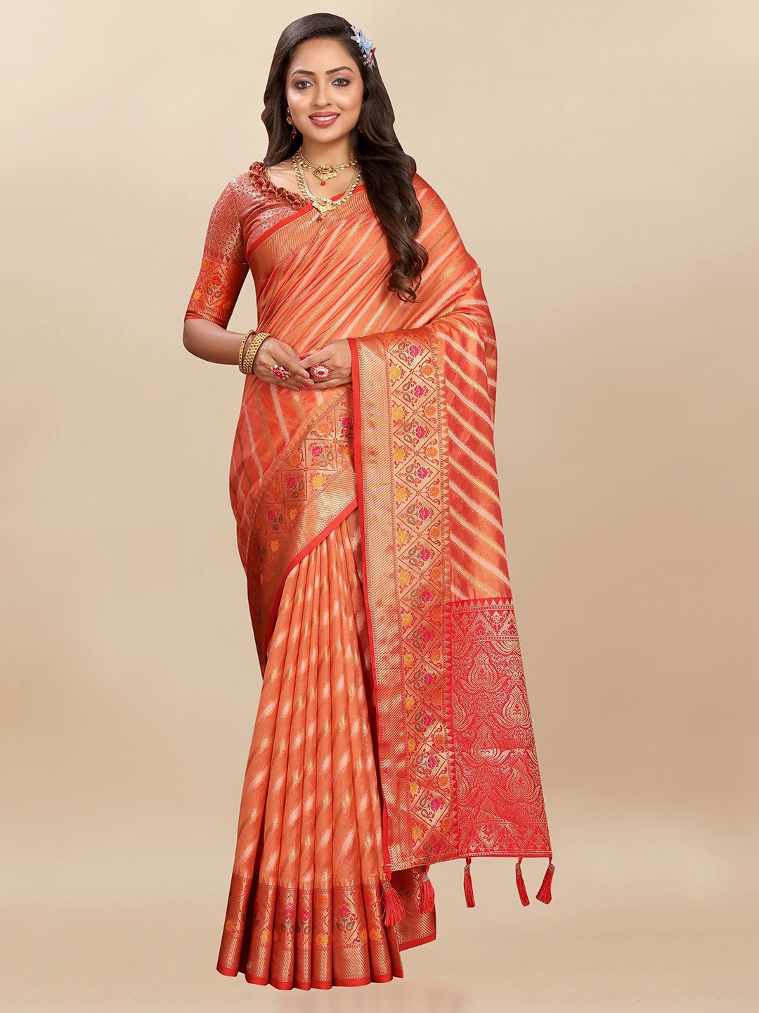 

bansari textiles Woven Design Zari Art Silk Banarasi Saree, Orange