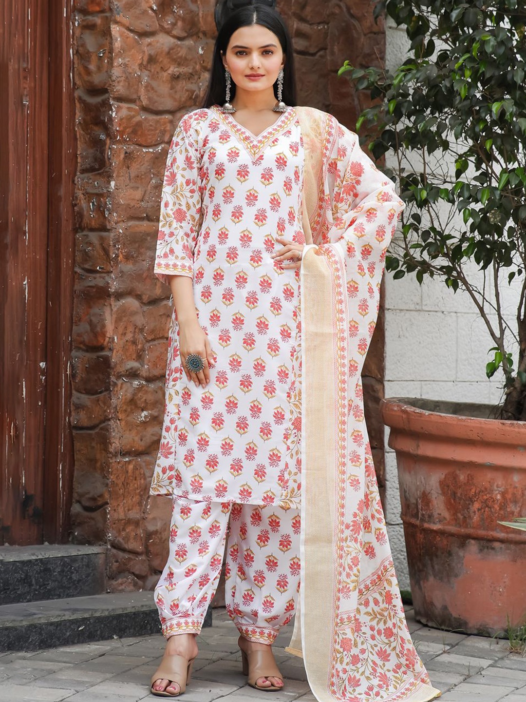 

KALINI Floral Printed V-Neck Straight Kurta With Trousers And Dupatta, White