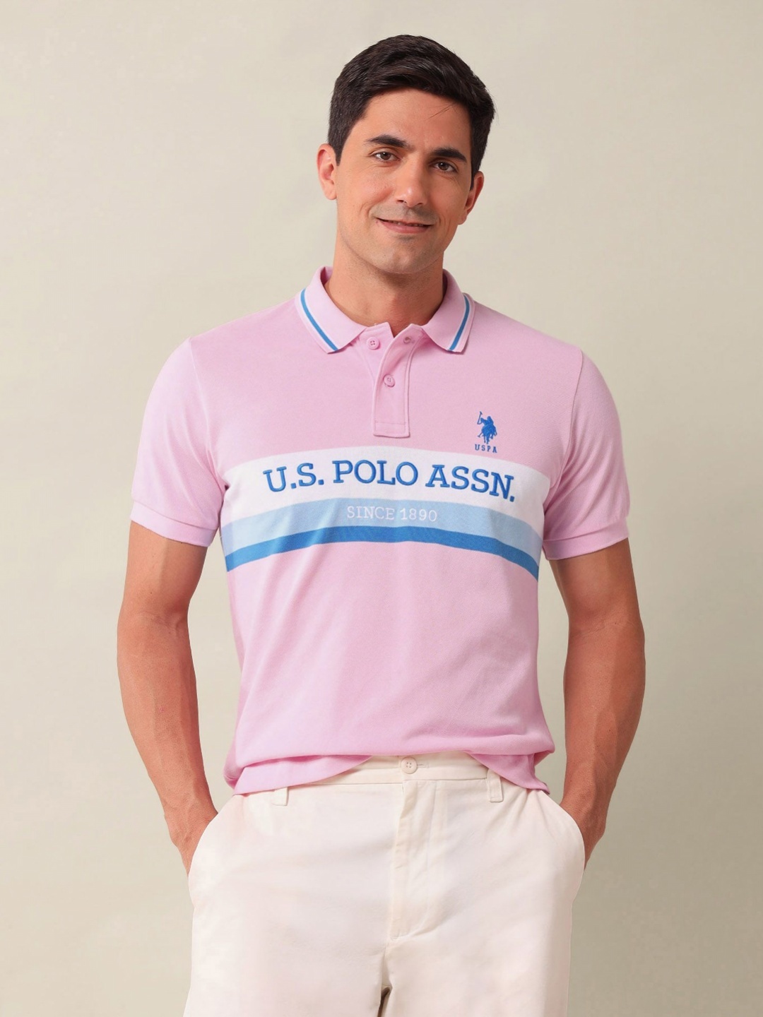 

U.S. Polo Assn. Men Typography Printed Polo Collar Cotton Slim Fit T-shirt, Pink