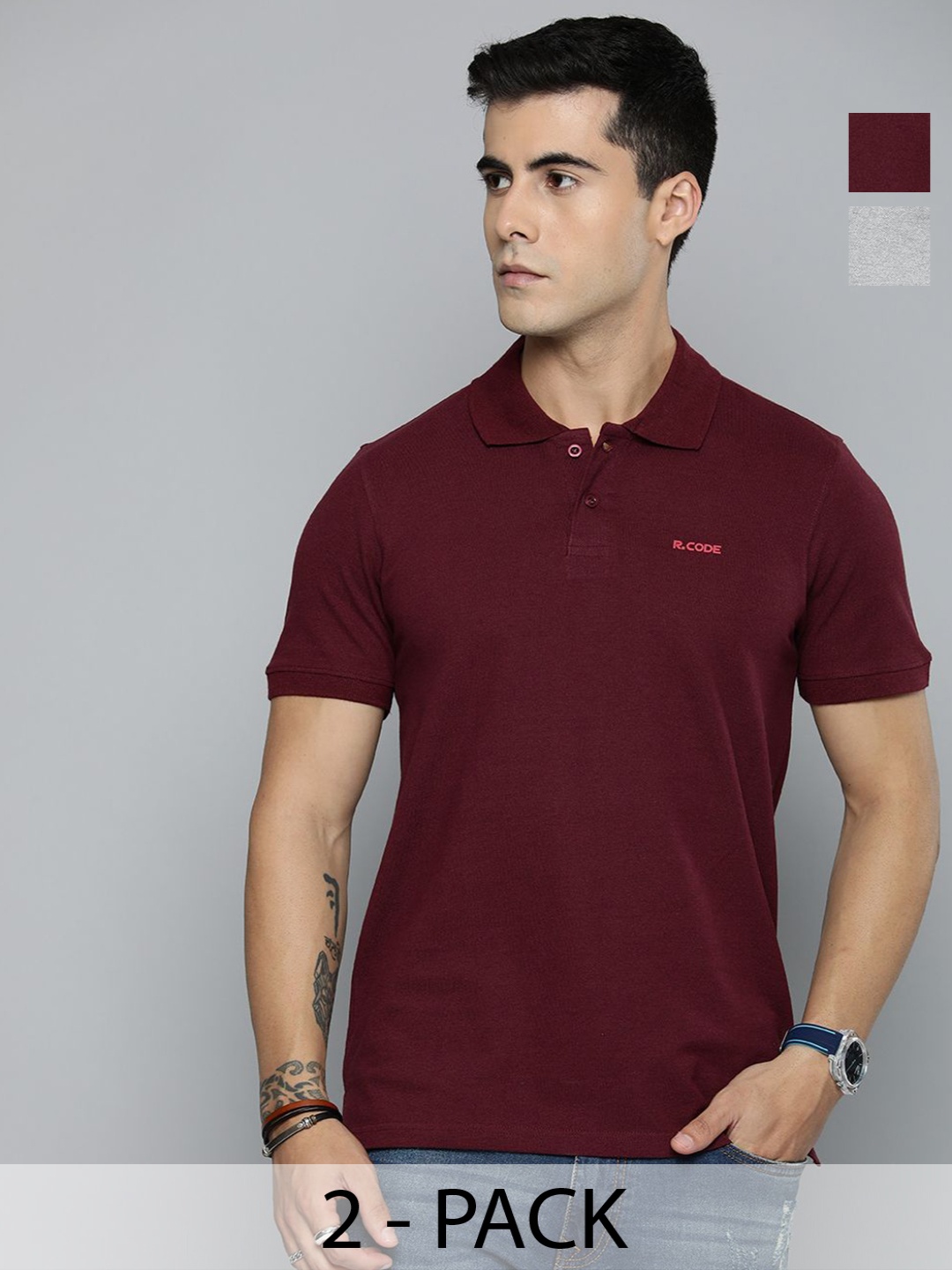 

R.Code by The Roadster Lifestyle Co. Men Regular Fit Pack Of 2 Solid Polo Cotton T-shirts, Maroon