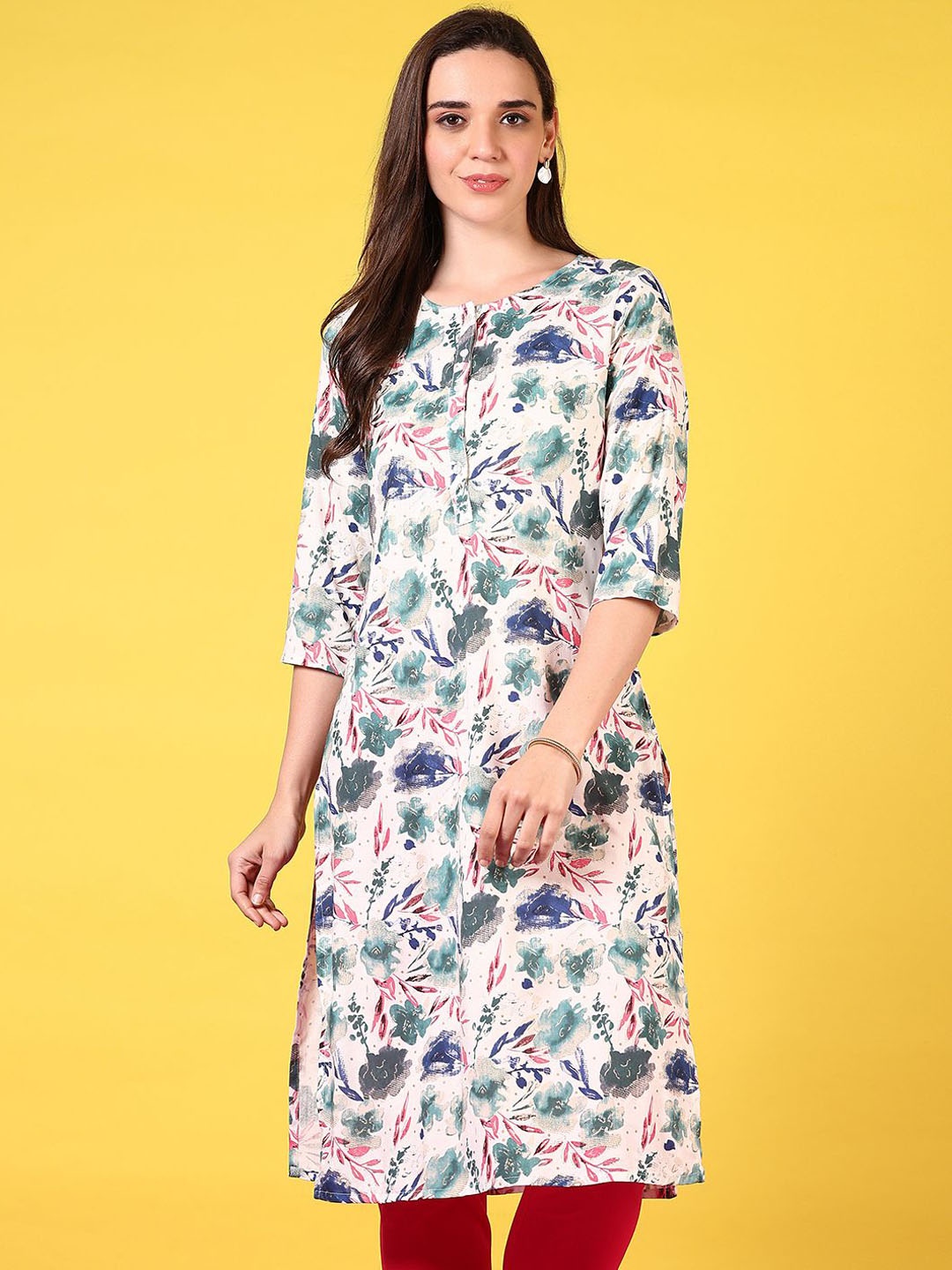 

V-Mart Floral Printed Round Neck Straight Kurta, Beige