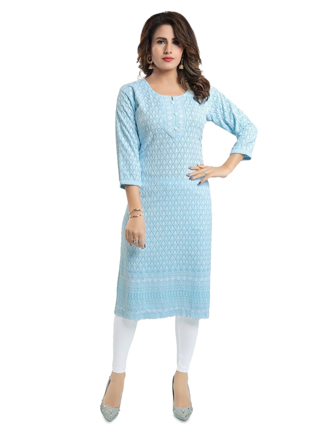 

DREAM & DZIRE Floral Embroidered Round Neck Chikankari Chanderi Silk Straight Kurta, Blue