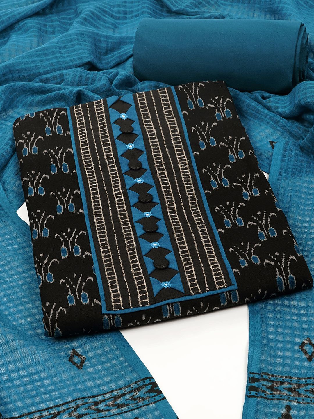 

KAMI KUBI Ethnic Motifs Printed Pure Cotton Unstitched Dress Material, Black